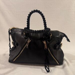 Urban Expressions Vegan Leather Black Satchel with Gold Zippers Floral Lining
